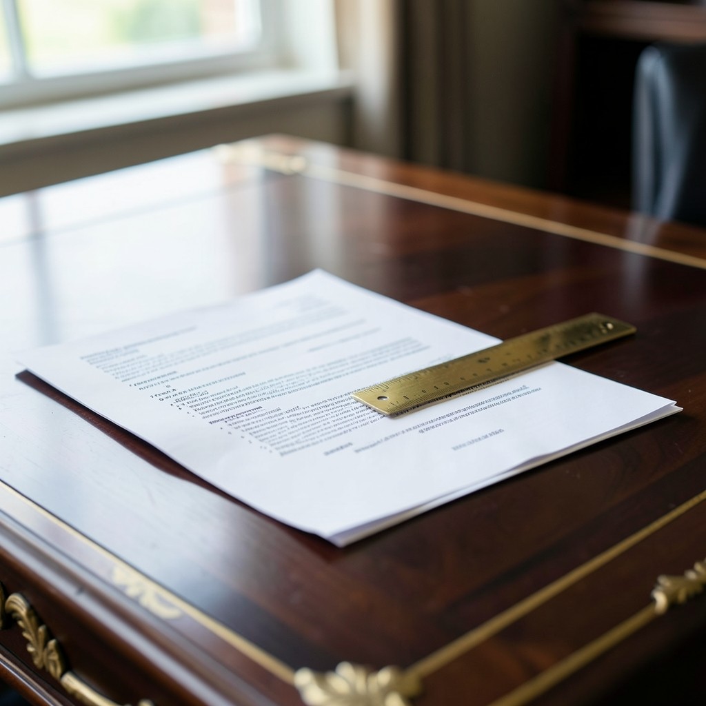 Contrato laboral con cláusulas señaladas mediante regla de latón sobre mesa de trabajo