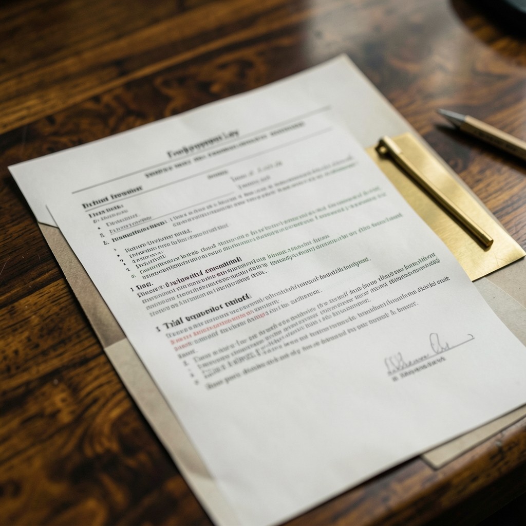 Cláusula de periodo de prueba resaltada en contrato laboral sobre escritorio de nogal