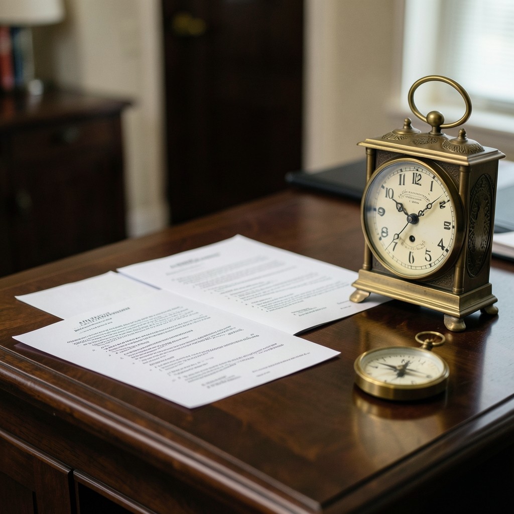 Consulta laboral en despacho con documentos contractuales y reloj de precisión sobre mesa de nogal