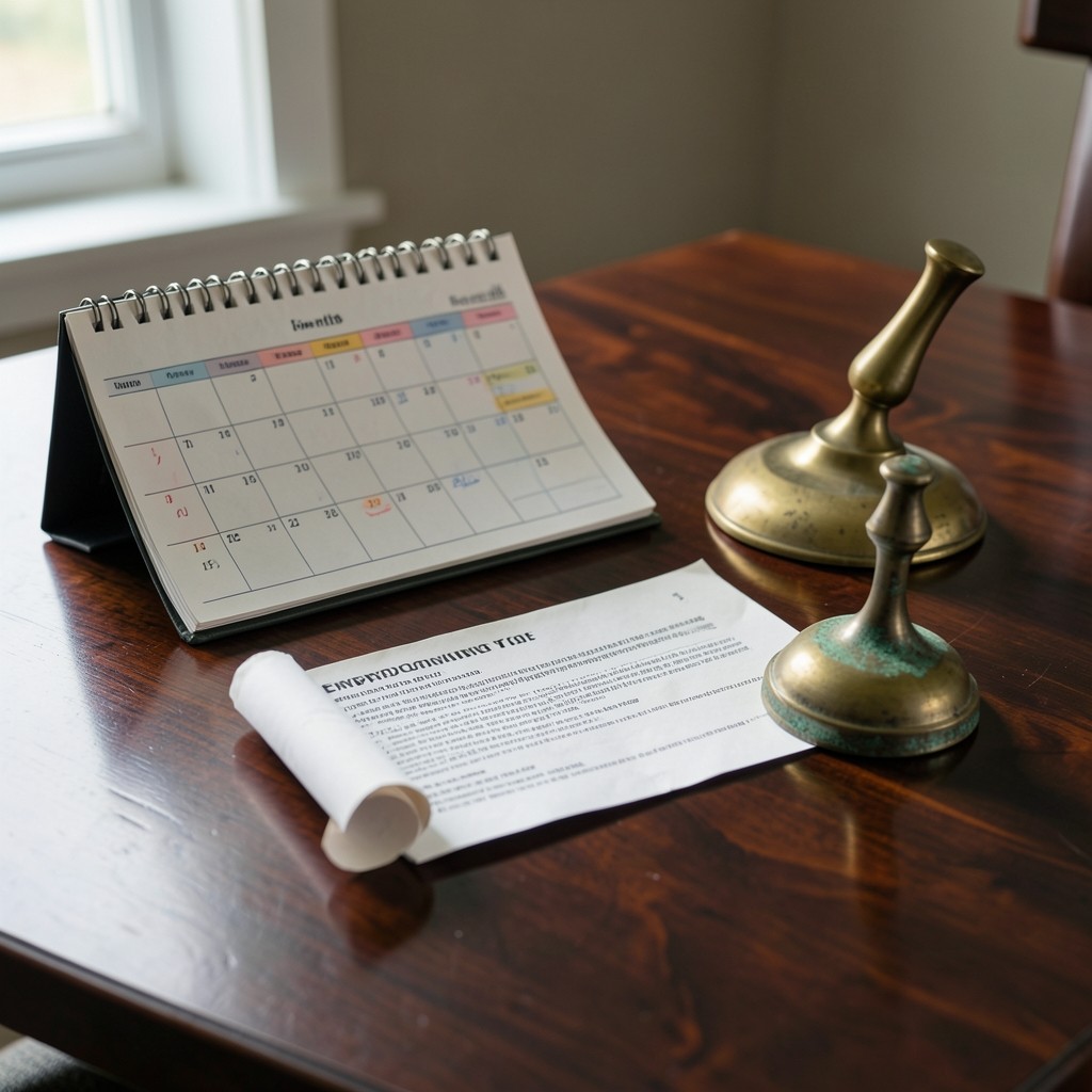 Calendario laboral con fechas marcadas junto a contrato temporal sobre mesa de nogal oscuro